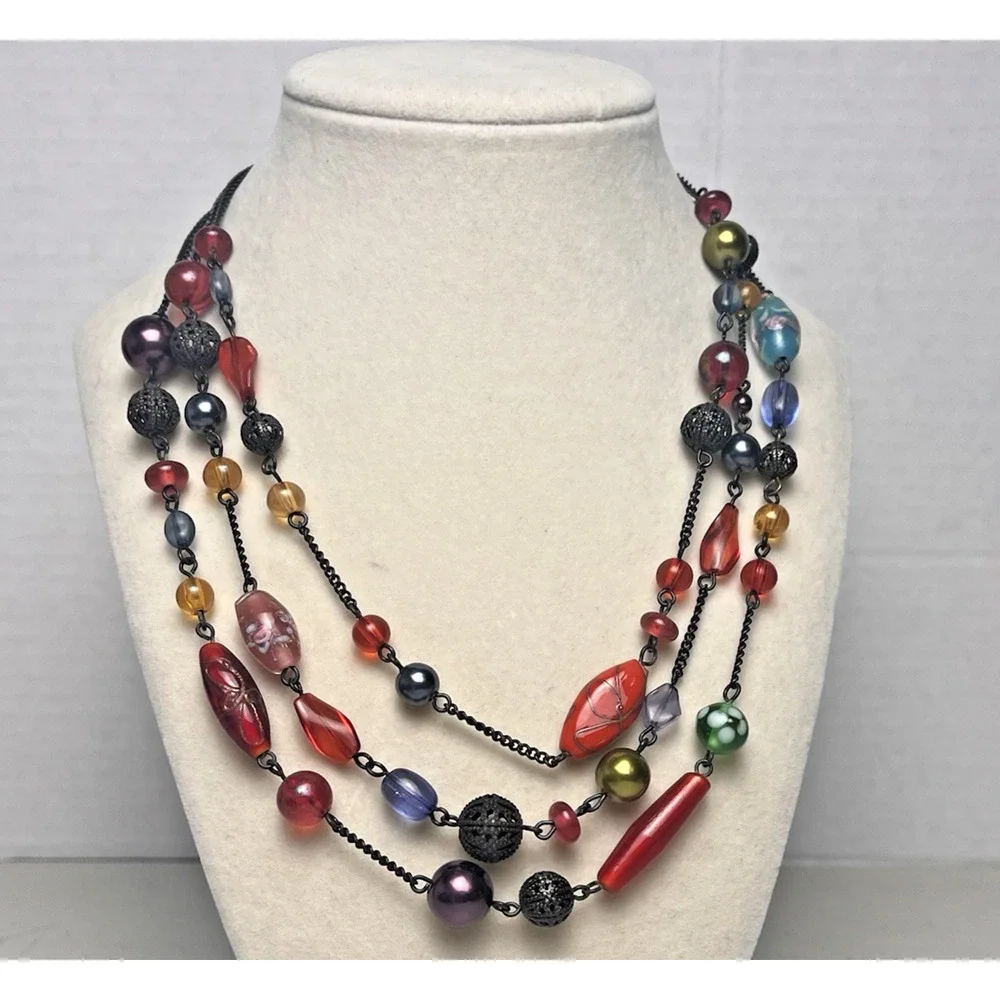 Avon Multicolored Layered Beaded Necklace Colorful Floral Adjustable 17-21